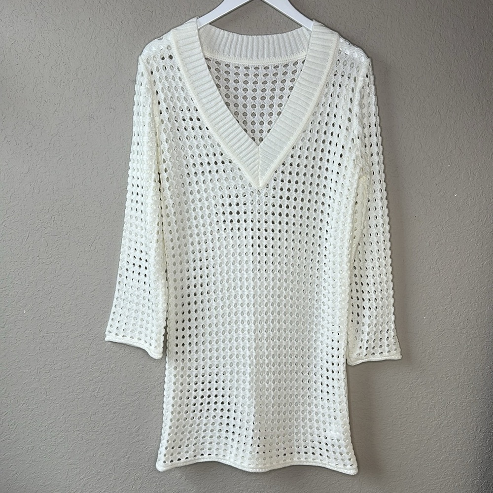 Women's Unbranded Off White Long Sleeve Open Knit Swim Coverup Dress Size Small